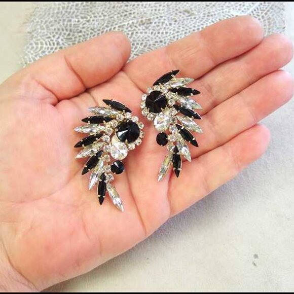 D&E Juliana Earrings Black n Clear Crystal Feathers 1950s Jewelry 13591 - Picture 6 of 7